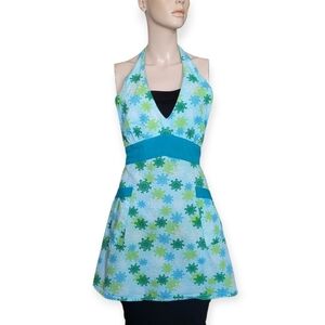Kitsch N Glam Retro Apron Halter Neck Floral Blue Green One Size